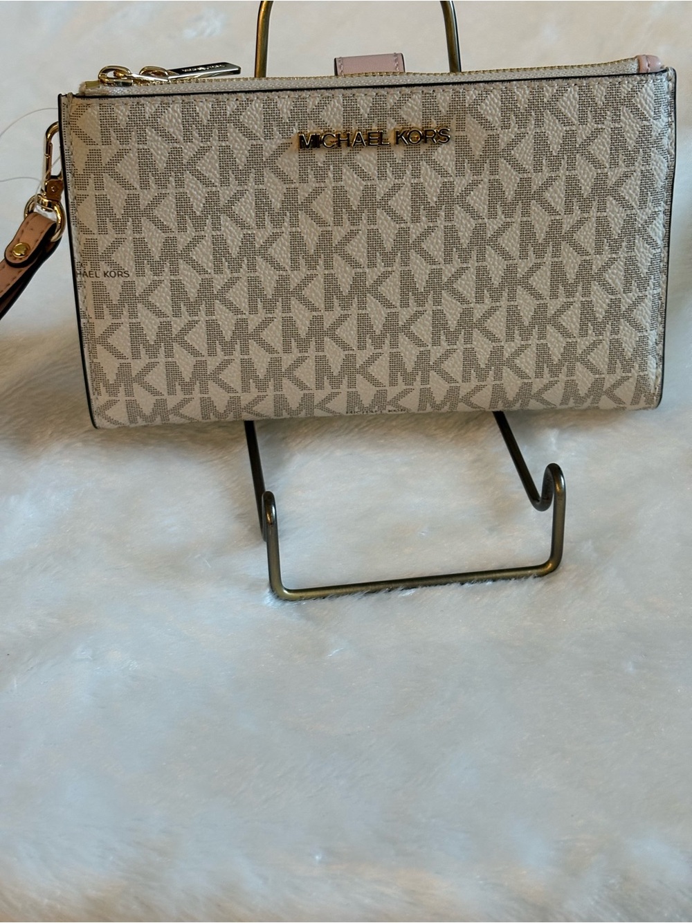 Michael Kors Beige Signature MK Wristlet Wallet with Gold Hardware